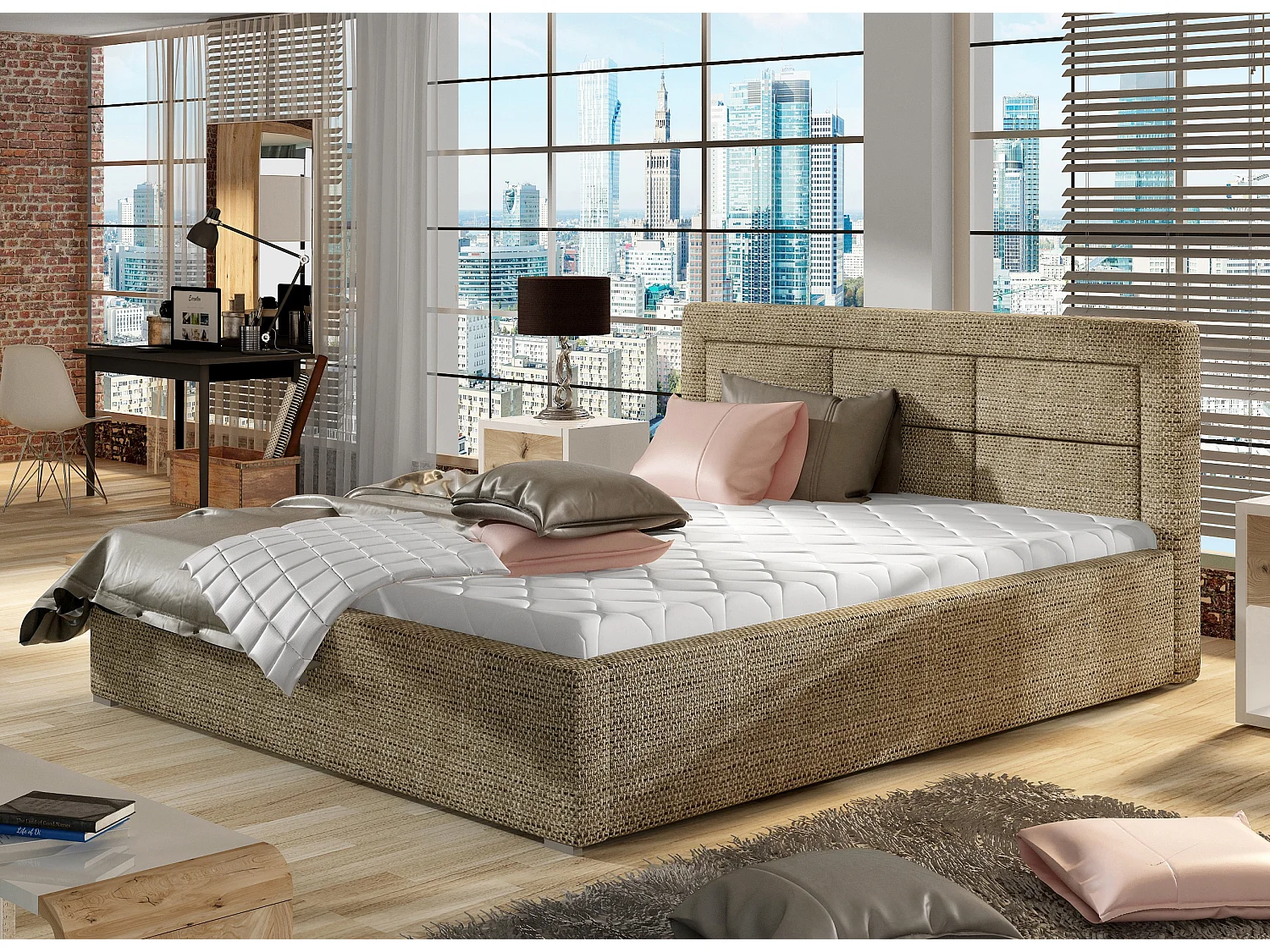 Lit moderne tissu capitonné Rizaro-Couleur Beige chiné-180x200-Version coffre de rangement