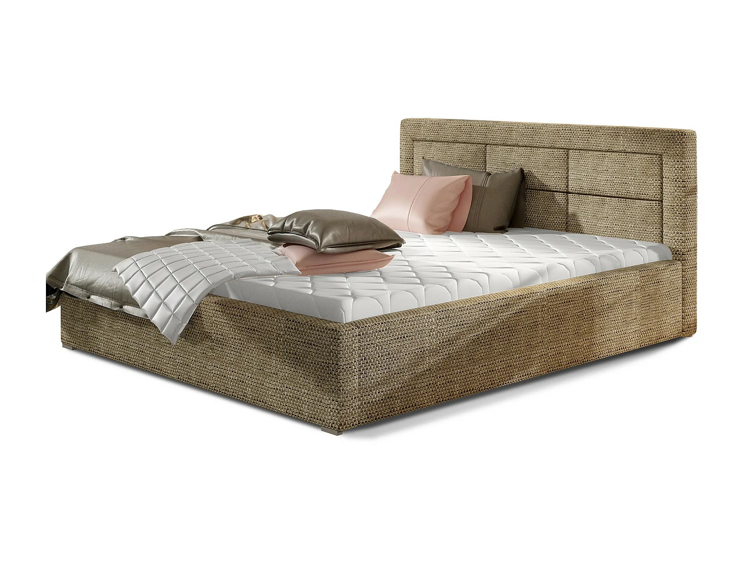 Lit moderne tissu capitonné Rizaro-Couleur Beige chiné-160x200-Version avec sommier