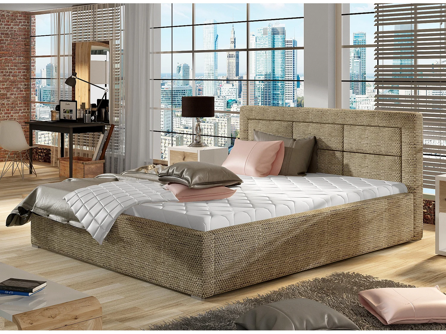 Lit moderne tissu capitonné Rizaro-Couleur Beige chiné-160x200-Version avec sommier