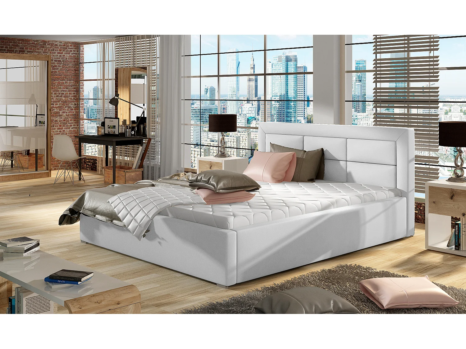 Lit moderne simili cuir capitonné Rizaro-Couleur Blanc-200x200-Version avec sommier