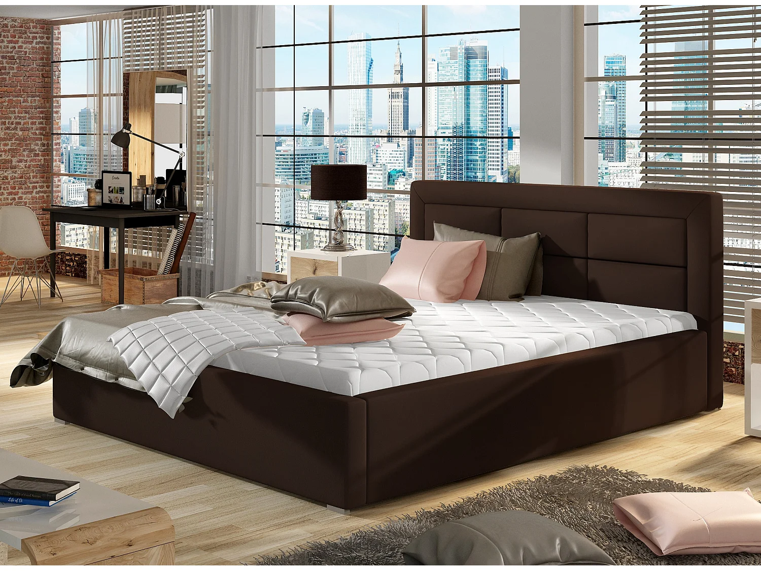 Rizaro modern gewatteerd kunstleren bed-Kleur Bruin-Slapen 140x200cm-Versie met boxspring