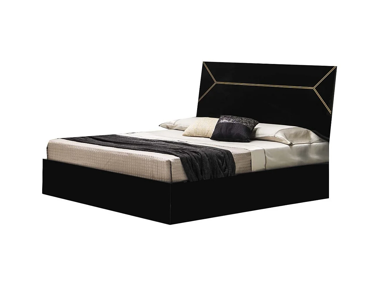 Lit design bois noir laqué et tête de lit noire laquée et dorée Diamanto-Couchage 140x190 cm