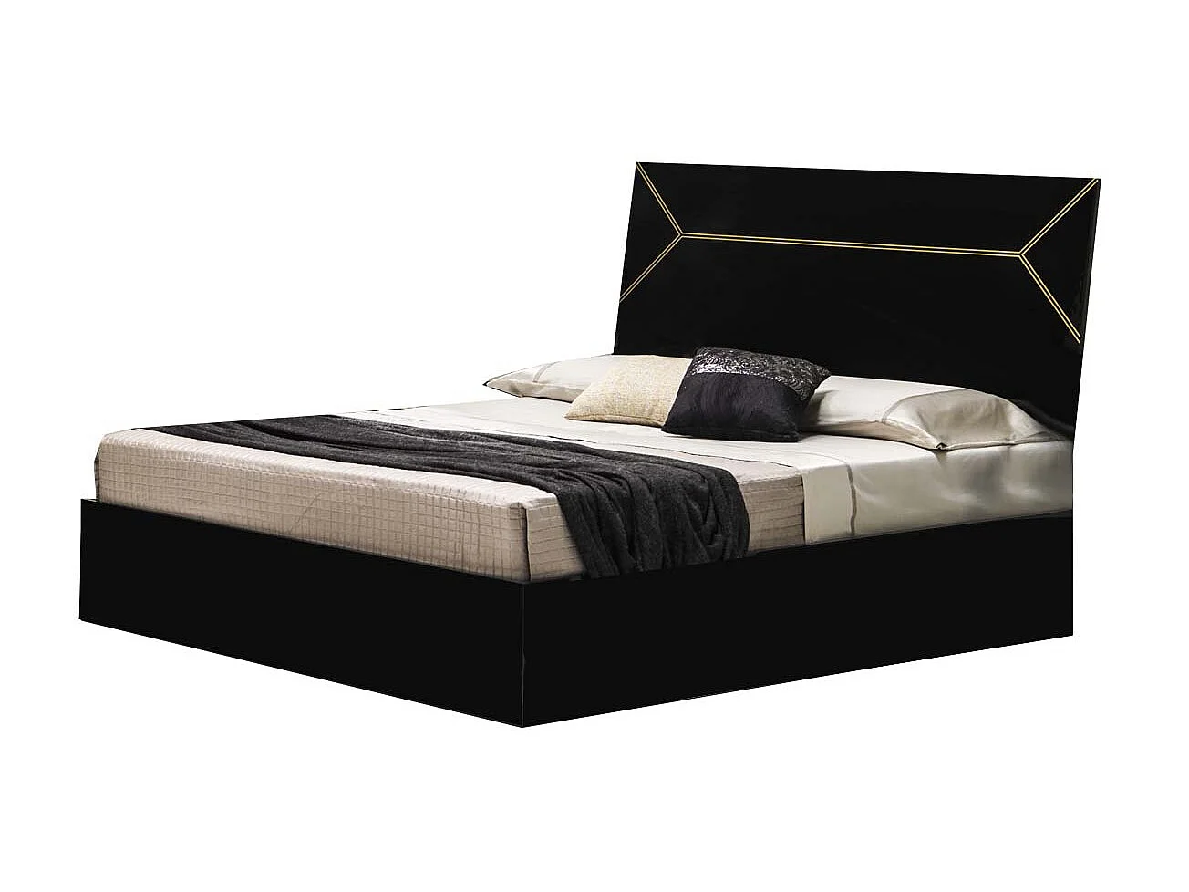 Lit design bois noir laqué et tête de lit noire laquée et dorée Diamanto-Couchage 140x190 cm