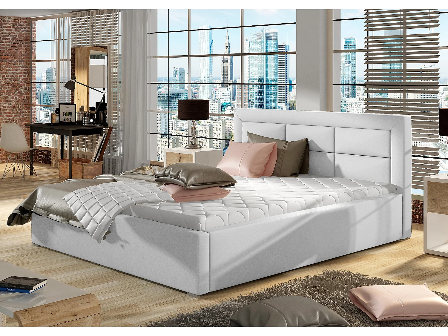 Lit moderne simili cuir capitonné Rizaro-Couleur Blanc-140x200-Version avec sommier