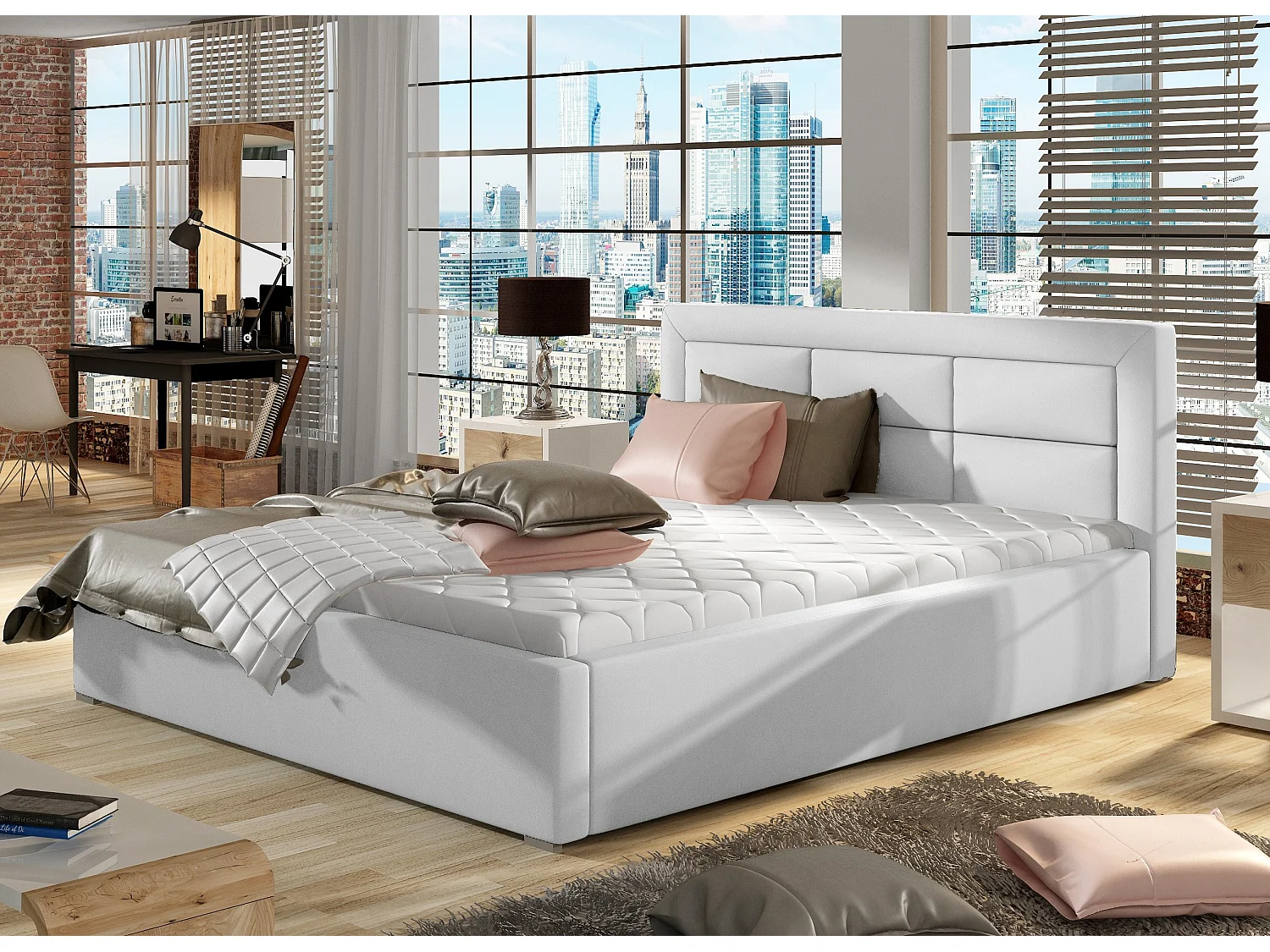 Lit moderne simili cuir capitonné Rizaro-Couleur Blanc-160x200-Version coffre de rangement