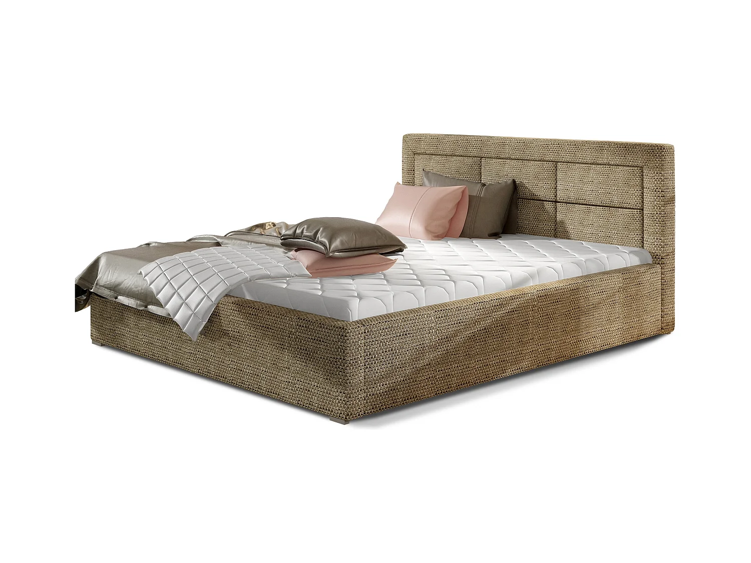 Lit moderne tissu capitonné Rizaro-Couleur Beige chiné-200x200-Version avec sommier
