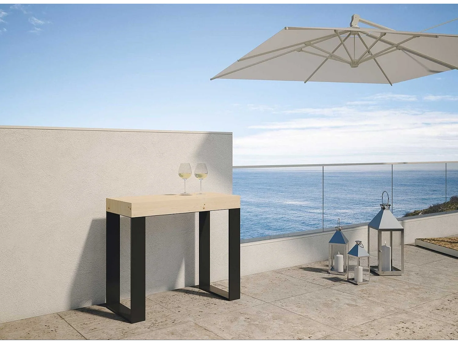 Console extensible pin massif clair et pieds métal anthracite 8 personnes 40 à 190cm Orina