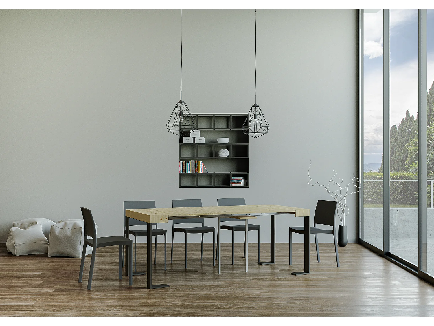 Console extensible pin massif clair et pieds métal anthracite 8 personnes 40 à 190cm Orina