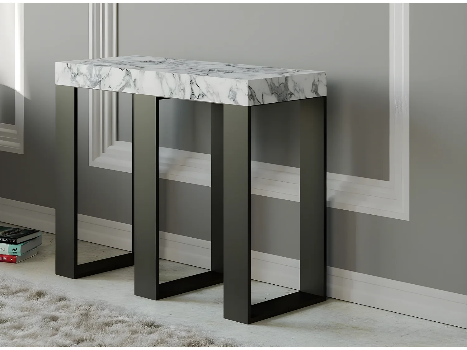 Console extensible effet marbre blanc et pieds métal anthracite 14 personnes 40 à 300cm Sivy
