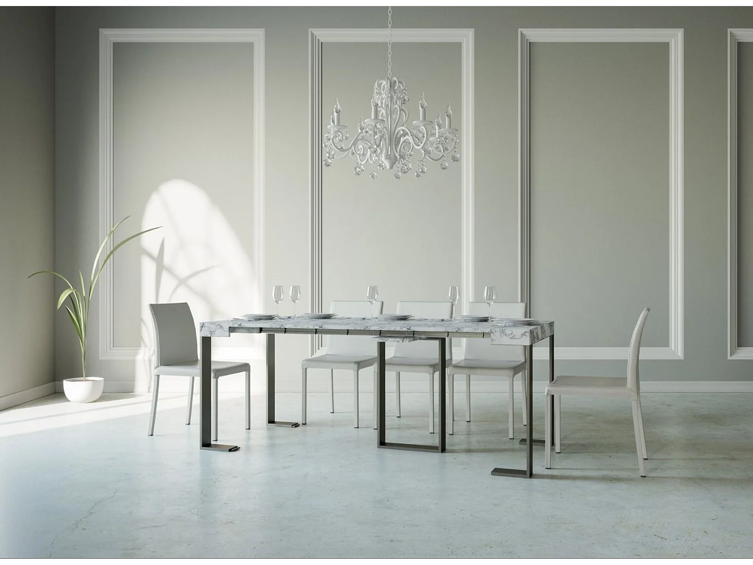 Console extensible effet marbre blanc et pieds métal anthracite 14 personnes 40 à 300cm Sivy