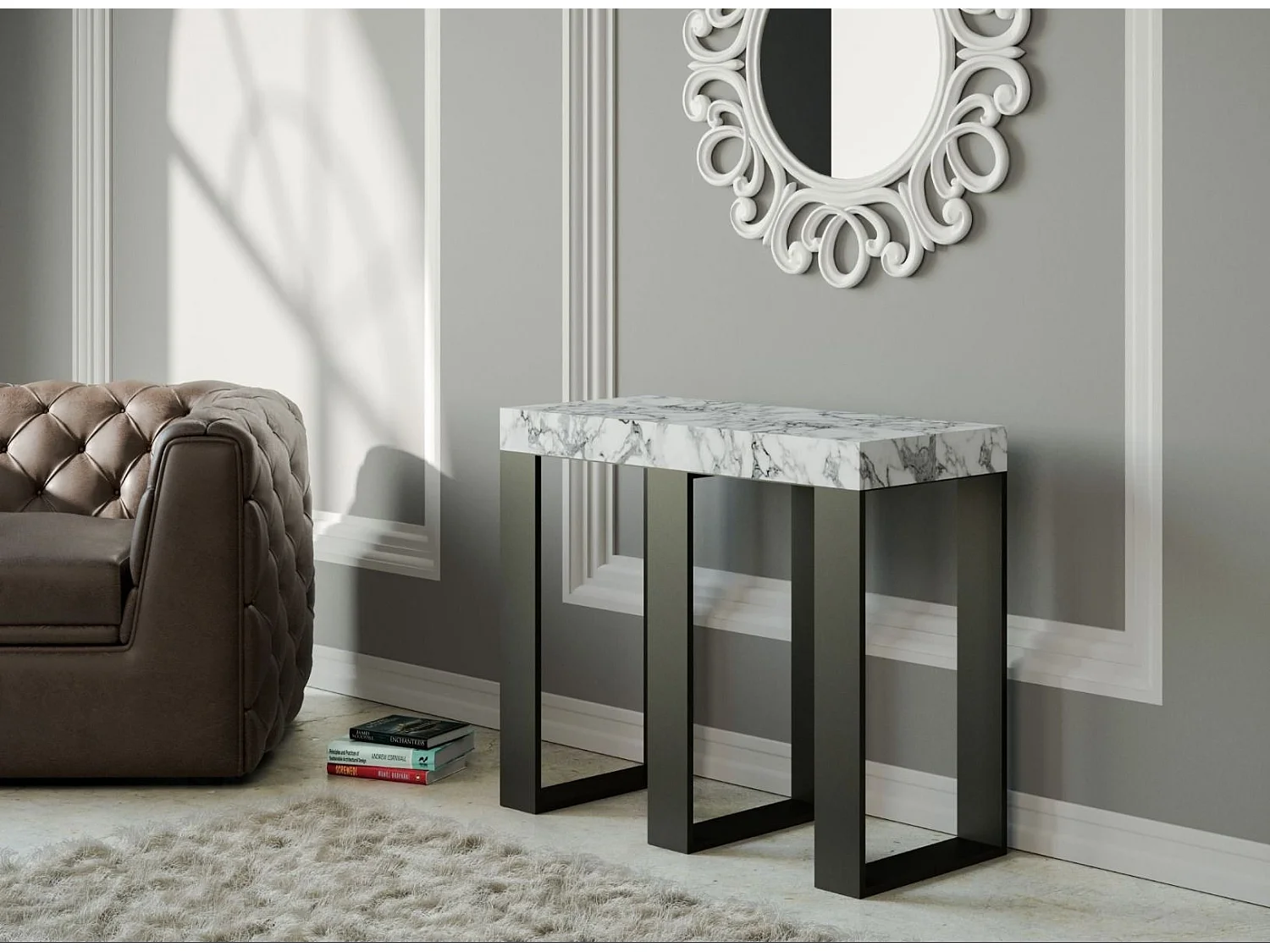 Console extensible effet marbre blanc et pieds métal anthracite 14 personnes 40 à 300cm Sivy