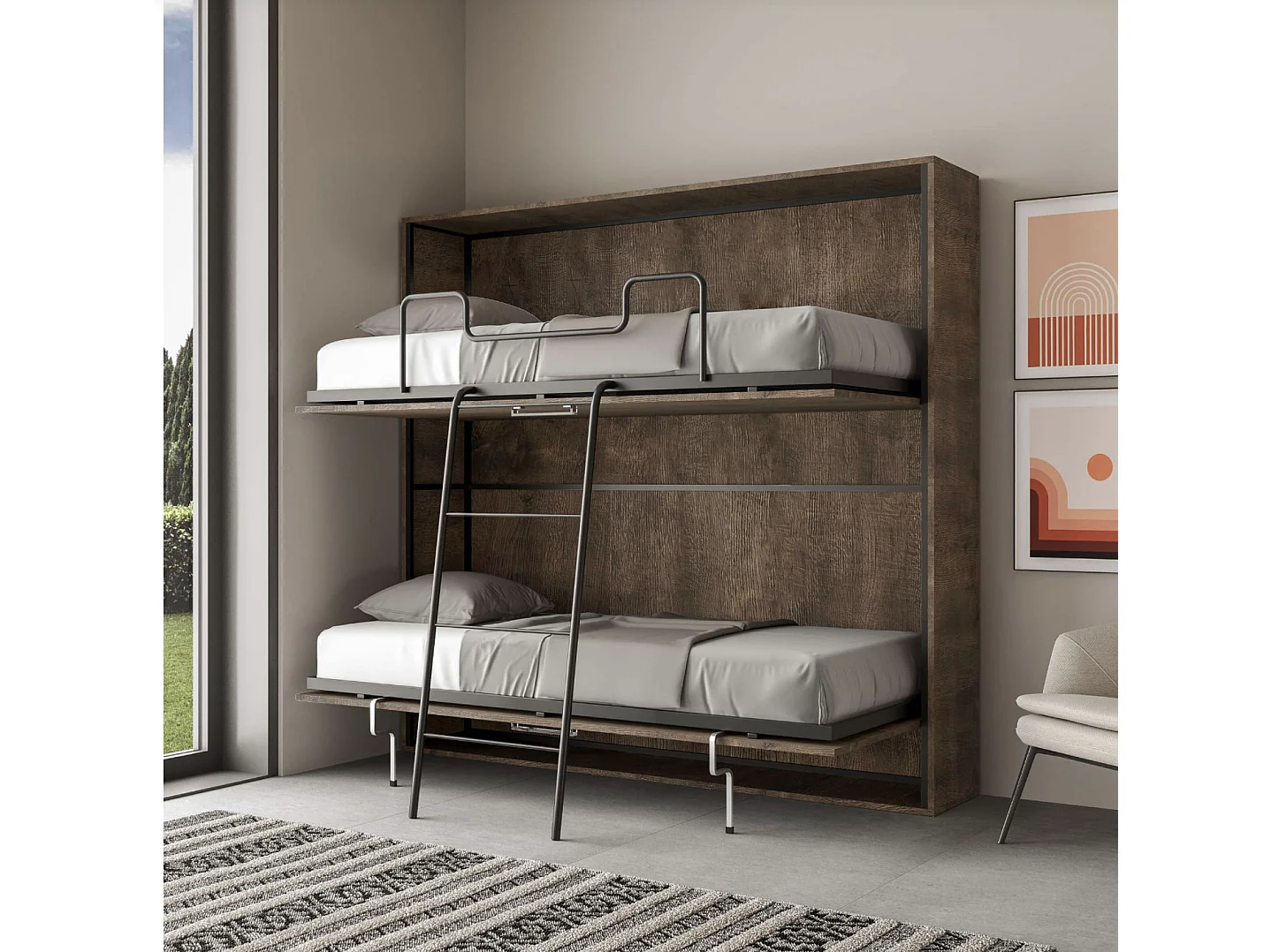 Horizontaal notenhouten stapelbed opklapbed 2 bedden 85x185 cm Bounto-2 matrassen 85x185cm