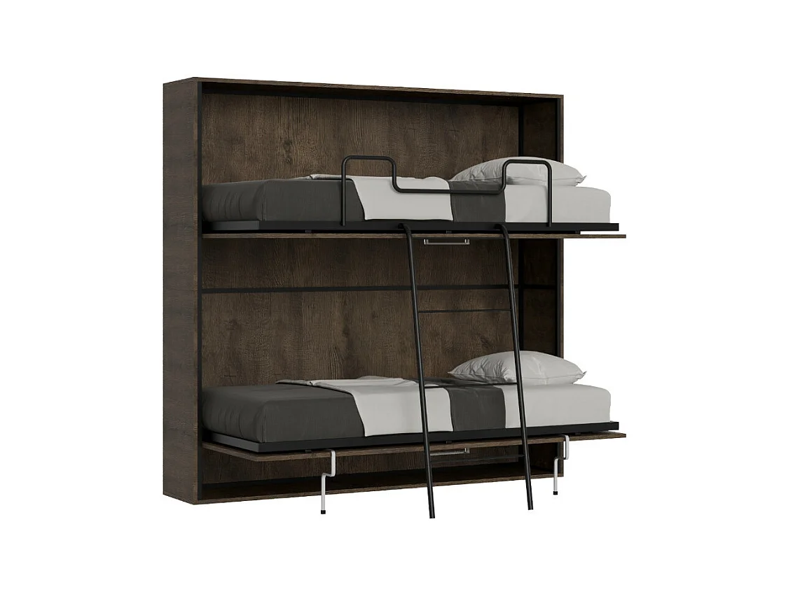 Lit escamotable superposé noyer horizontal 2 couchages 85x185 Bounto-2 matelas 85x185