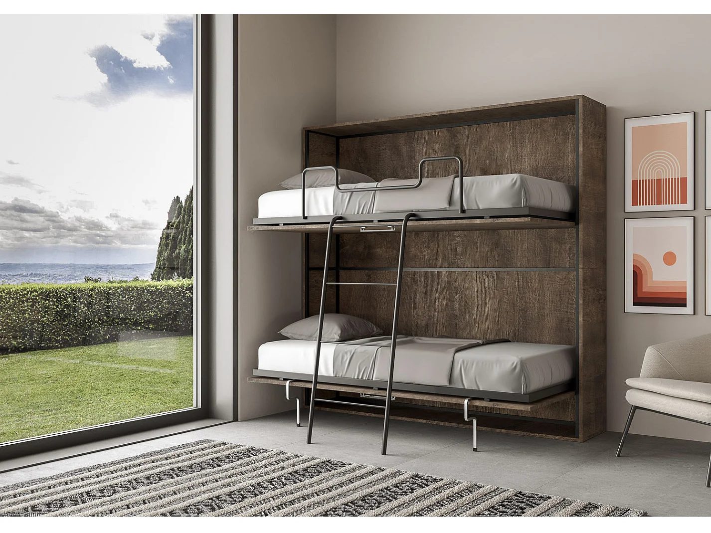 Litera abatible horizontal nogal 2 camas 85x185 cm Bounto-2 colchones 85x185cm