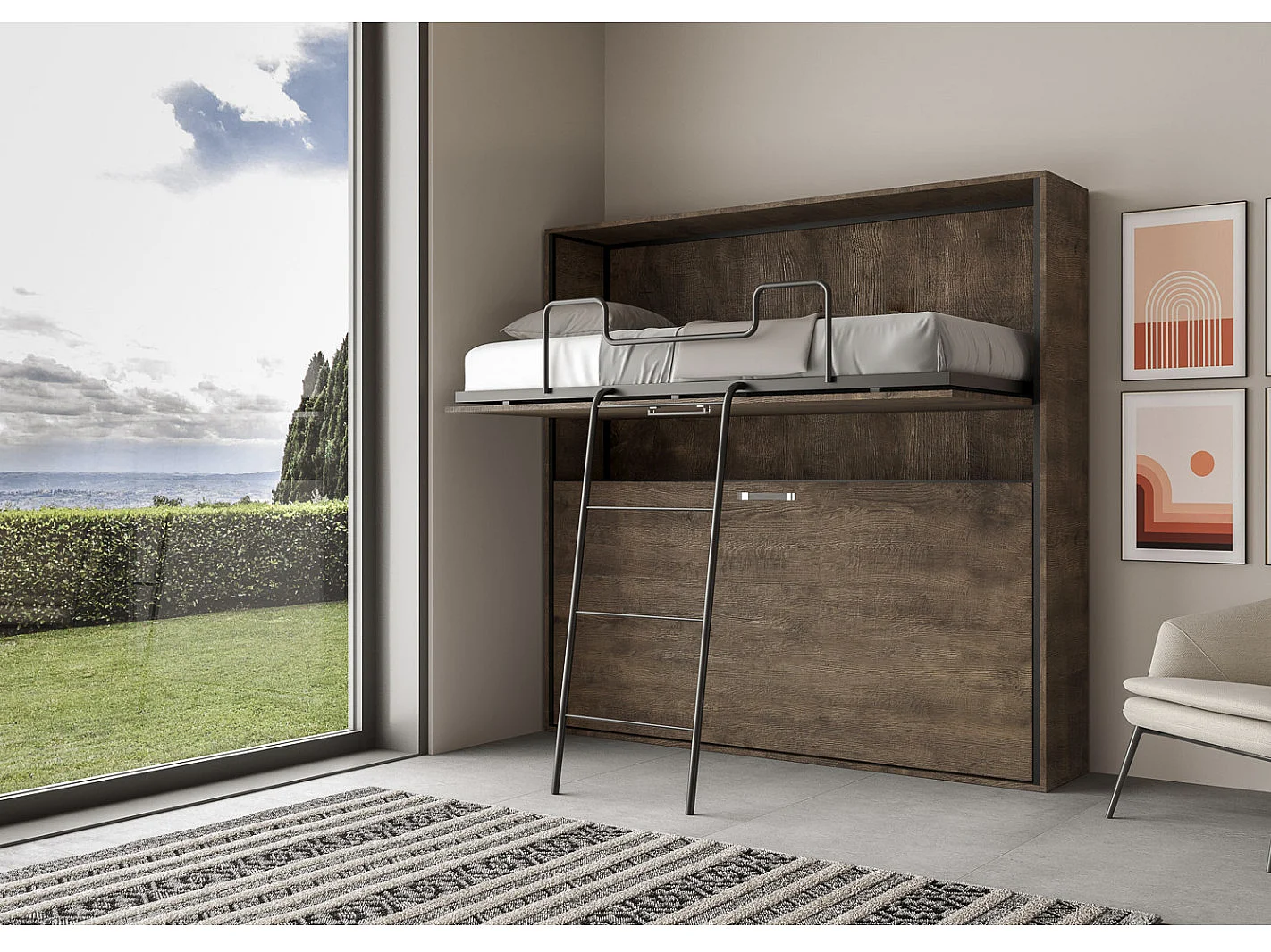 Litera abatible horizontal nogal 2 camas 85x185 cm Bounto-2 colchones 85x185cm