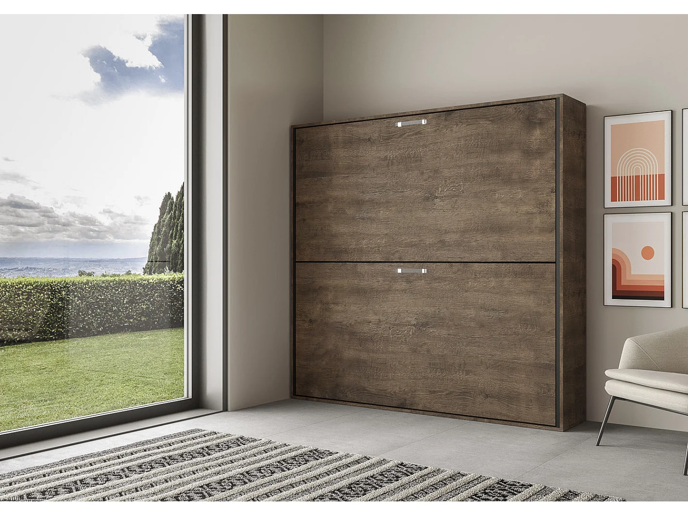 Litera abatible horizontal nogal 2 camas 85x185 cm Bounto-2 colchones 85x185cm