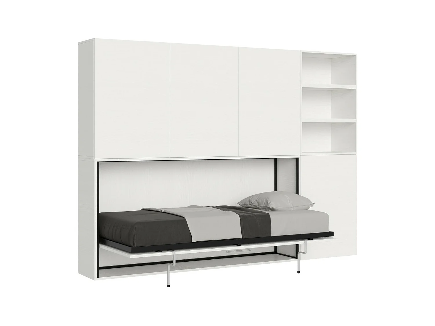 Lit escamotable horizontal blanc Bounto 85x185 avec rangement et bibliothèque composition F-1 matelas 85x185