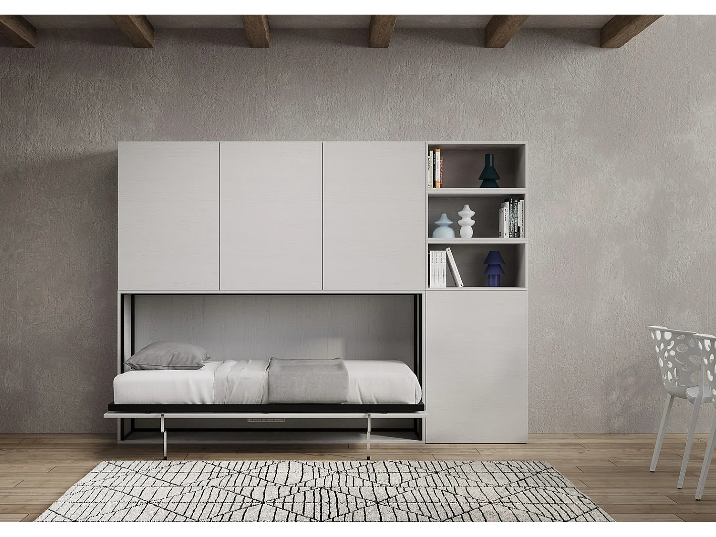 Lit escamotable horizontal blanc Bounto 85x185 avec rangement et bibliothèque composition F-1 matelas 85x185