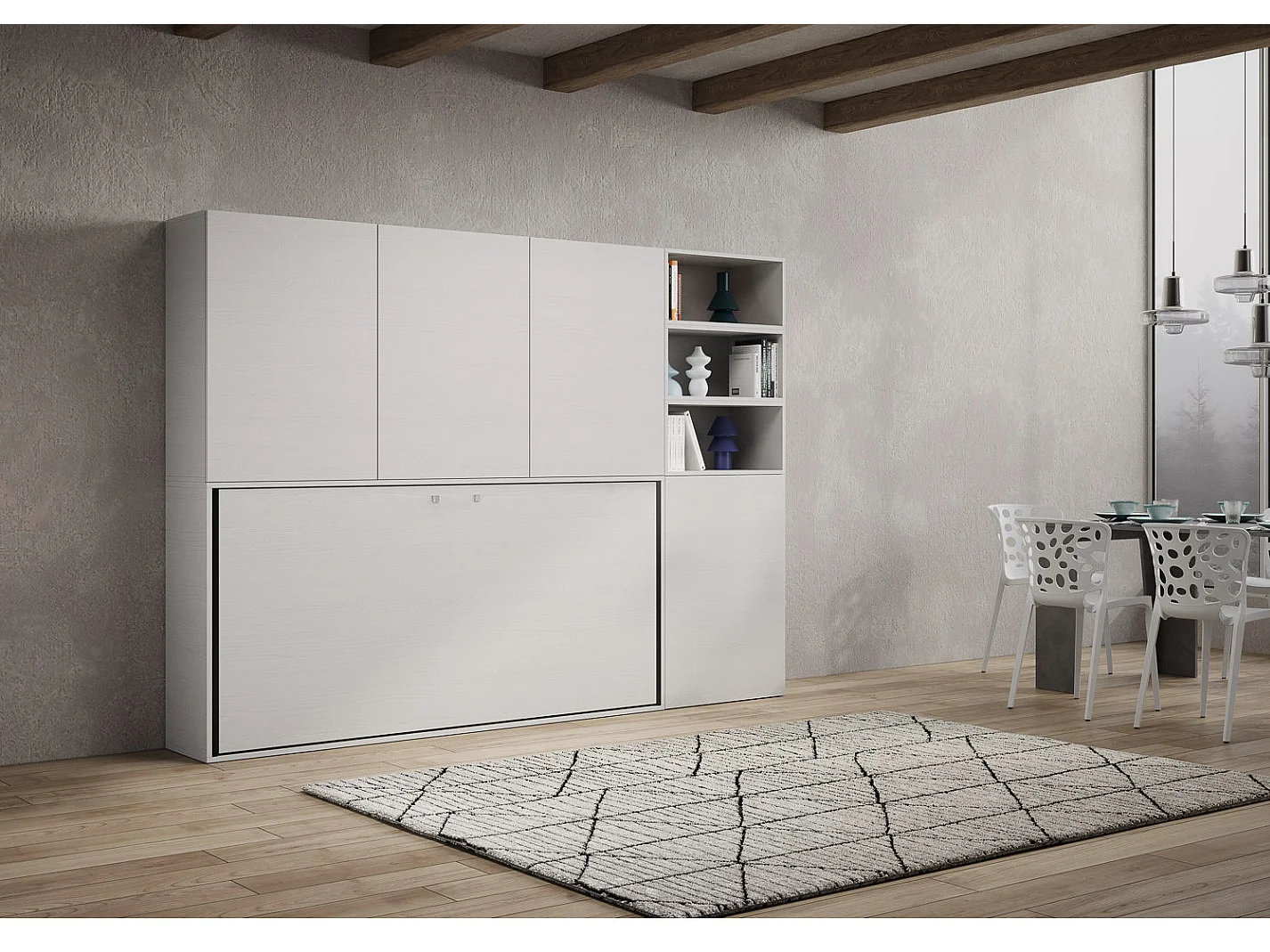 Lit escamotable horizontal blanc Bounto 85x185 avec rangement et bibliothèque composition F-1 matelas 85x185