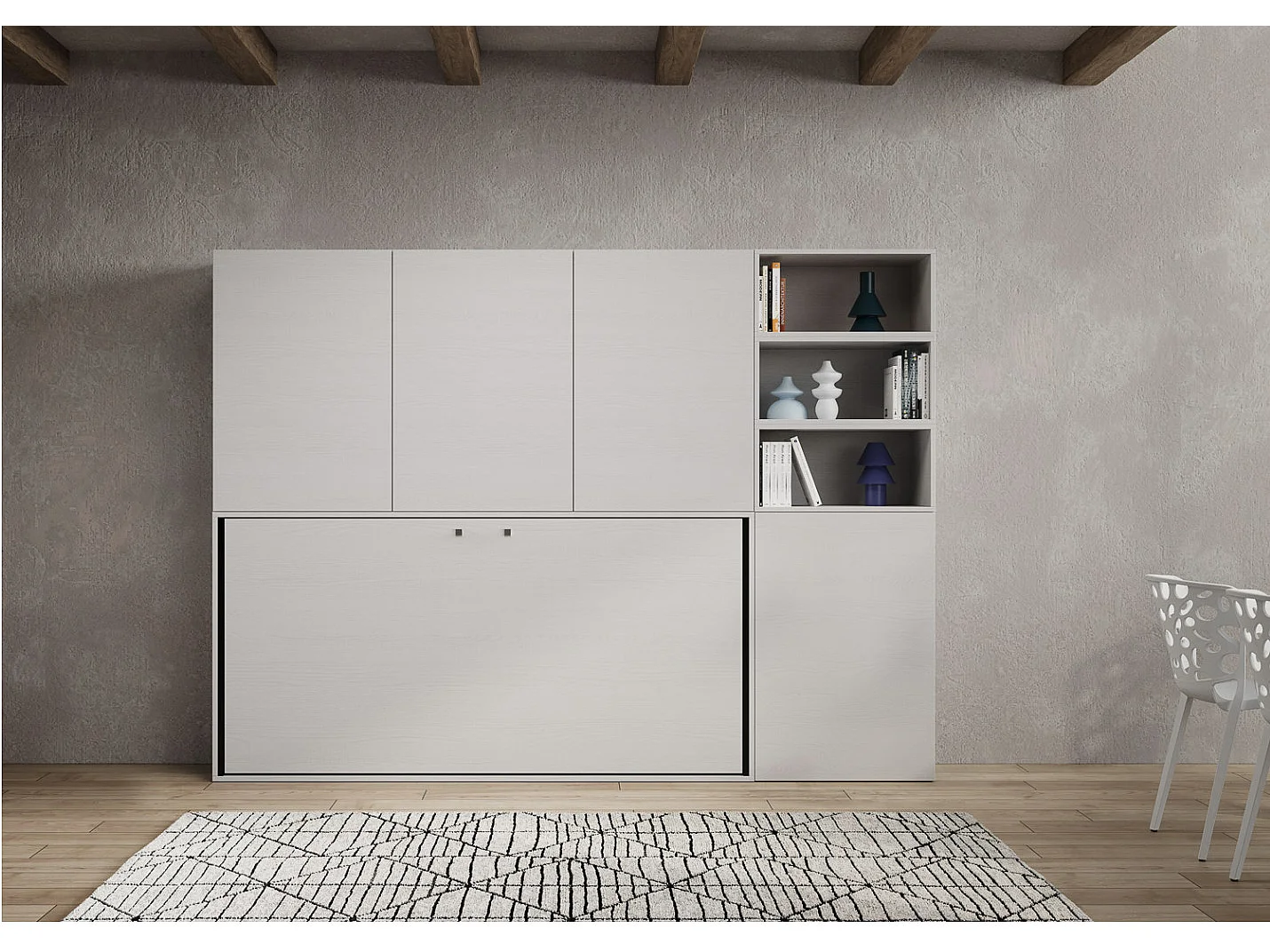 Lit escamotable horizontal blanc Bounto 85x185 avec rangement et bibliothèque composition F-1 matelas 85x185