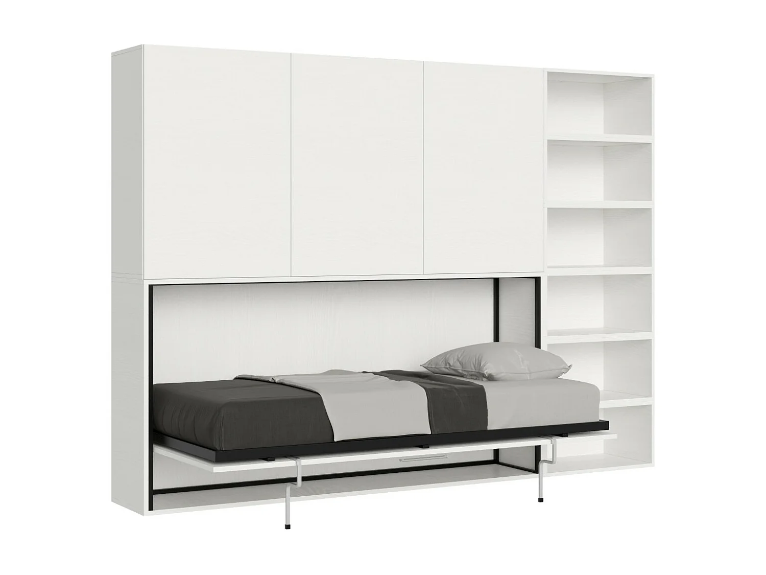 Lit escamotable horizontal blanc Bounto 85x185 avec rangement et bibliothèque composition G-1 matelas 85x185
