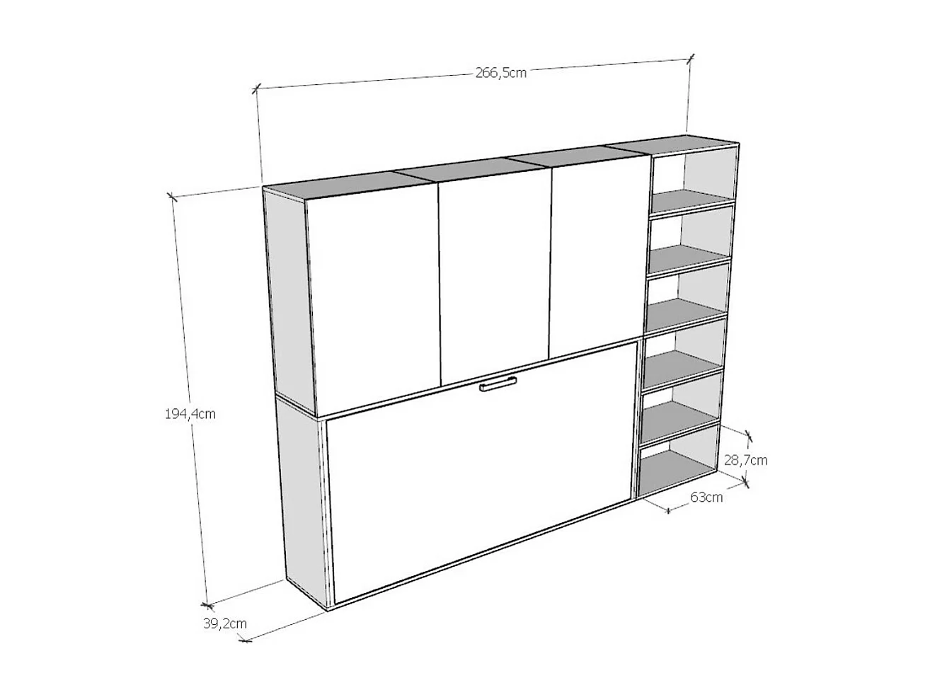 Lit escamotable horizontal blanc Bounto 85x185 avec rangement et bibliothèque composition G-1 matelas 85x185