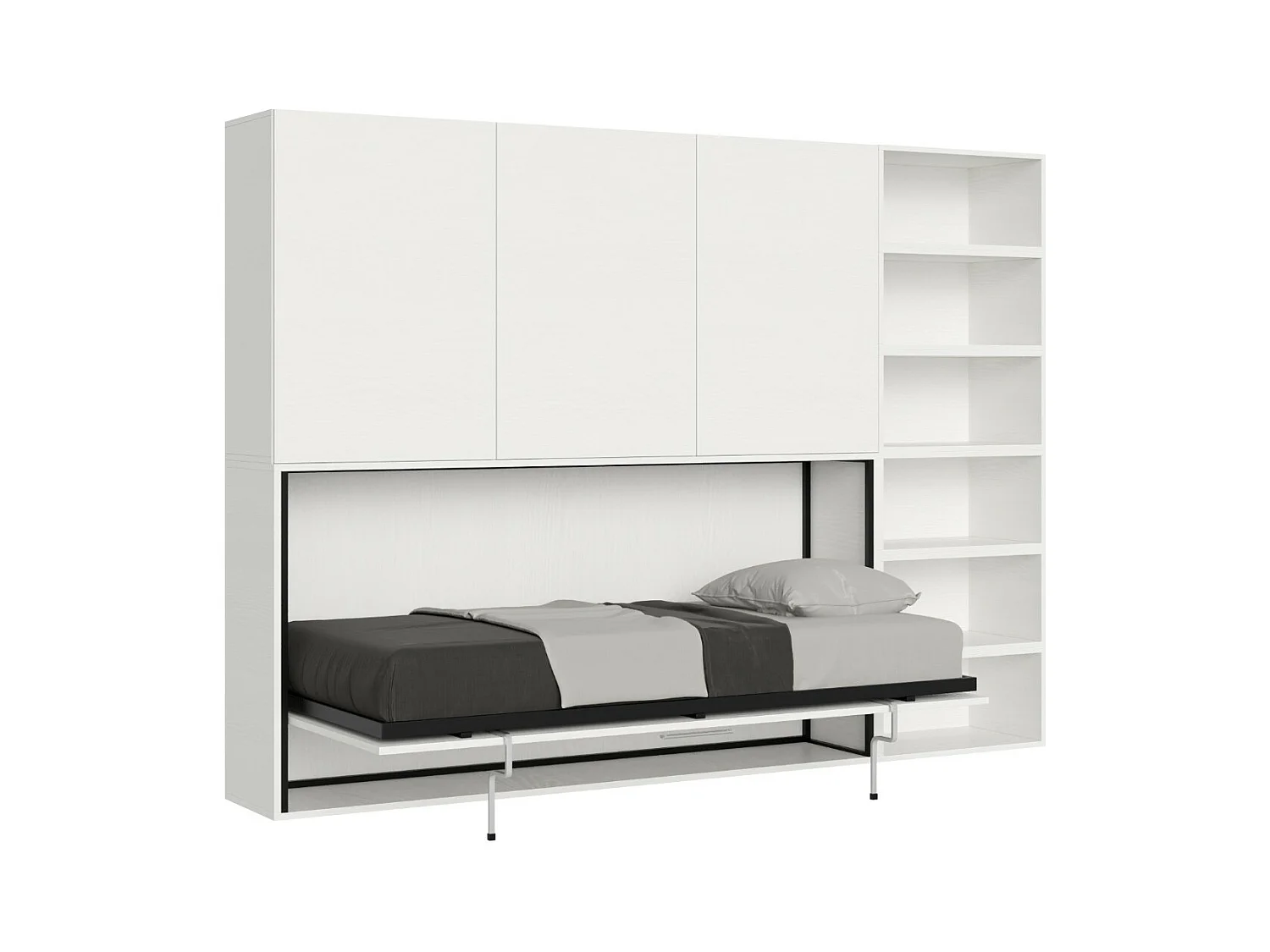 Lit escamotable horizontal blanc Bounto 85x185 avec rangement et bibliothèque composition G-1 matelas 85x185