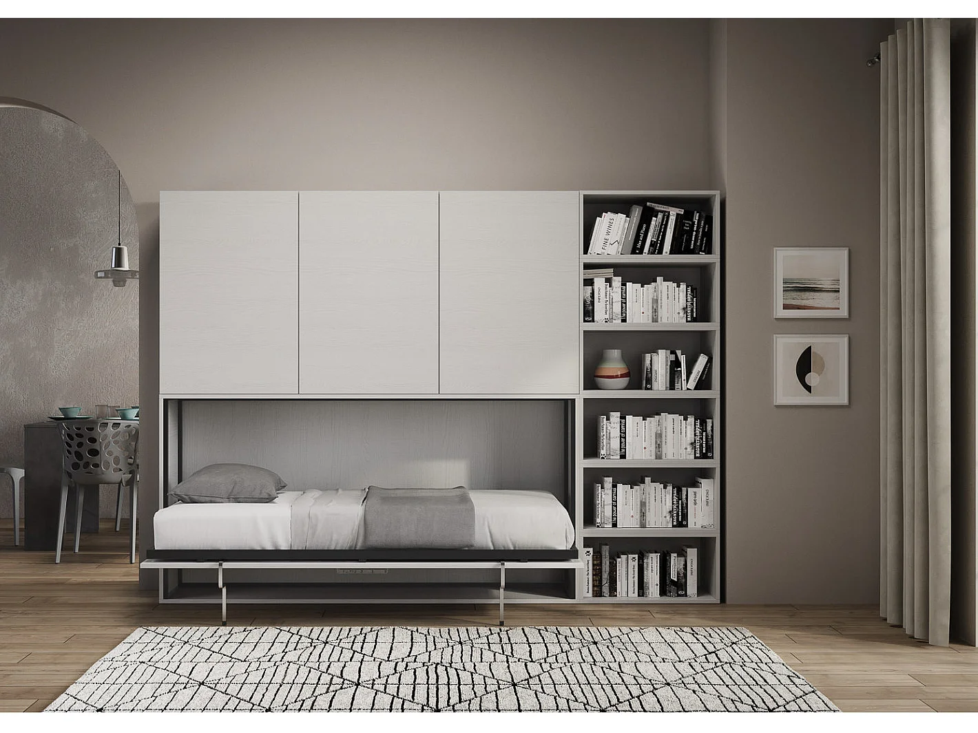 Lit escamotable horizontal blanc Bounto 85x185 avec rangement et bibliothèque composition G-1 matelas 85x185