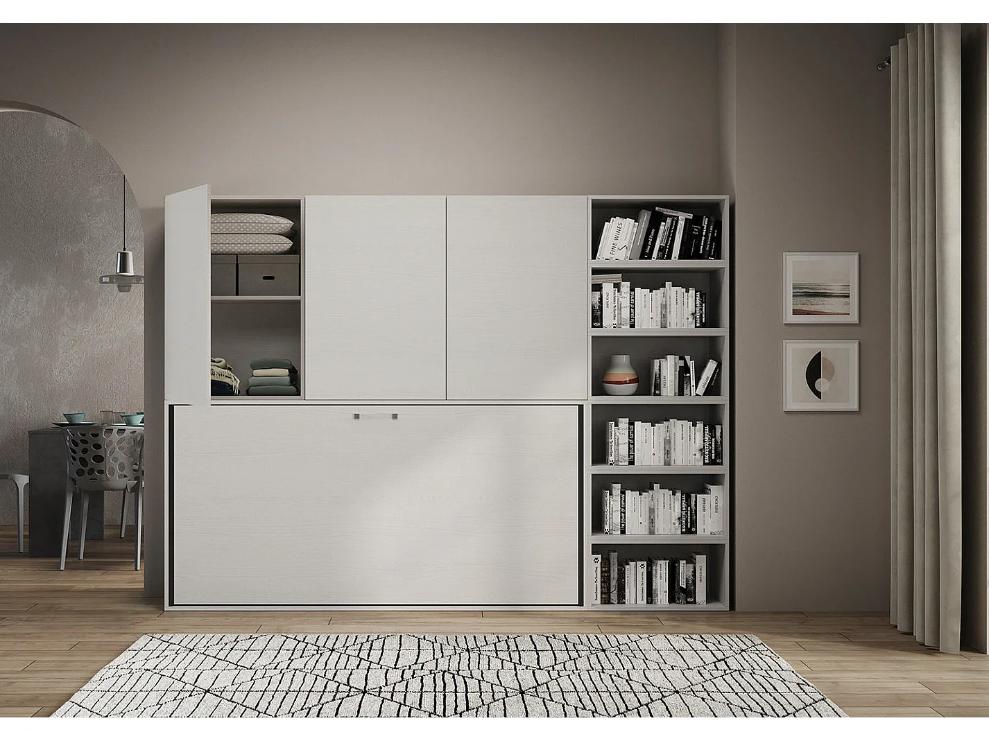 Lit escamotable horizontal blanc Bounto 85x185 avec rangement et bibliothèque composition G-1 matelas 85x185