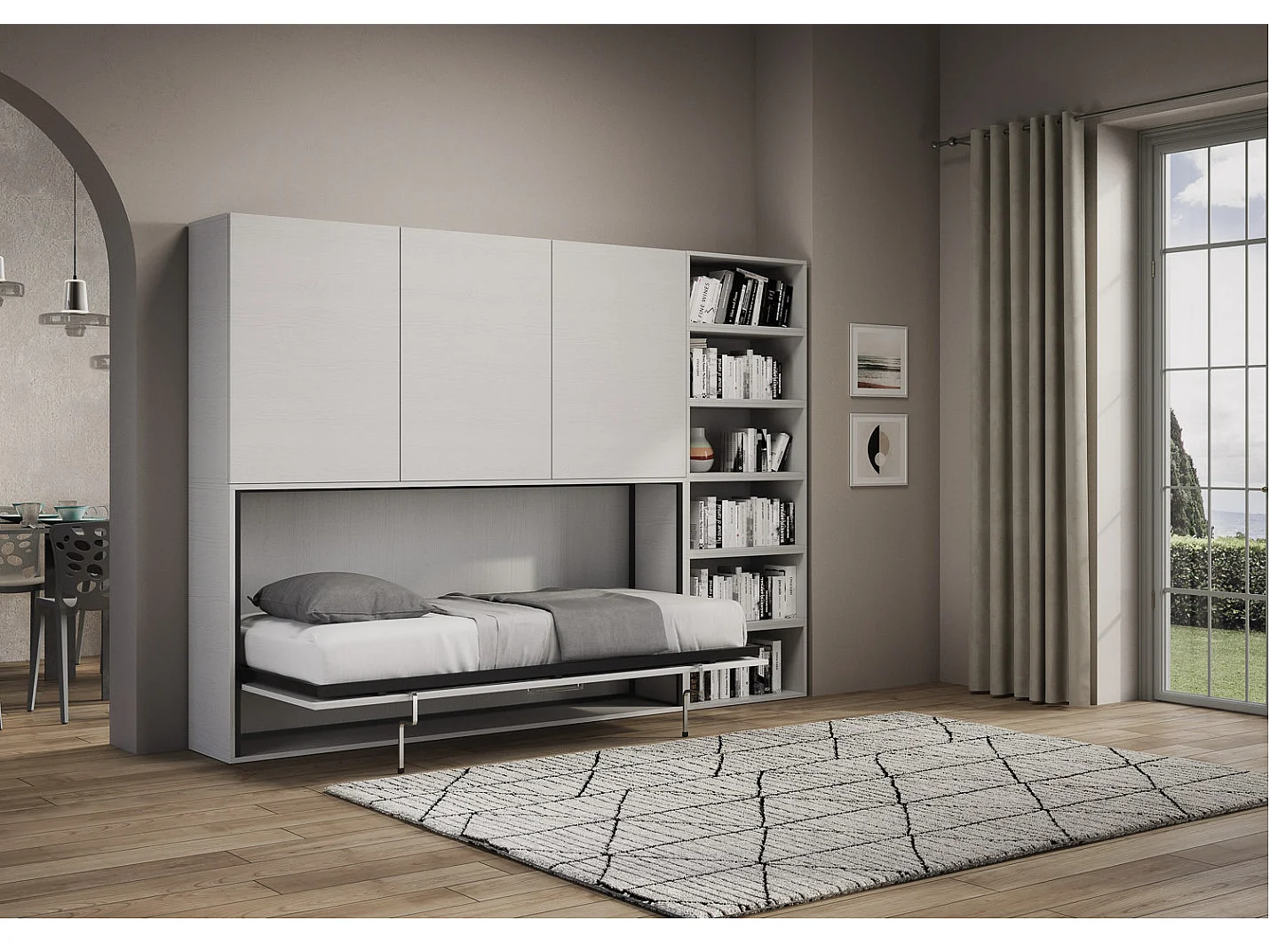 Lit escamotable horizontal blanc Bounto 85x185 avec rangement et bibliothèque composition G-1 matelas 85x185