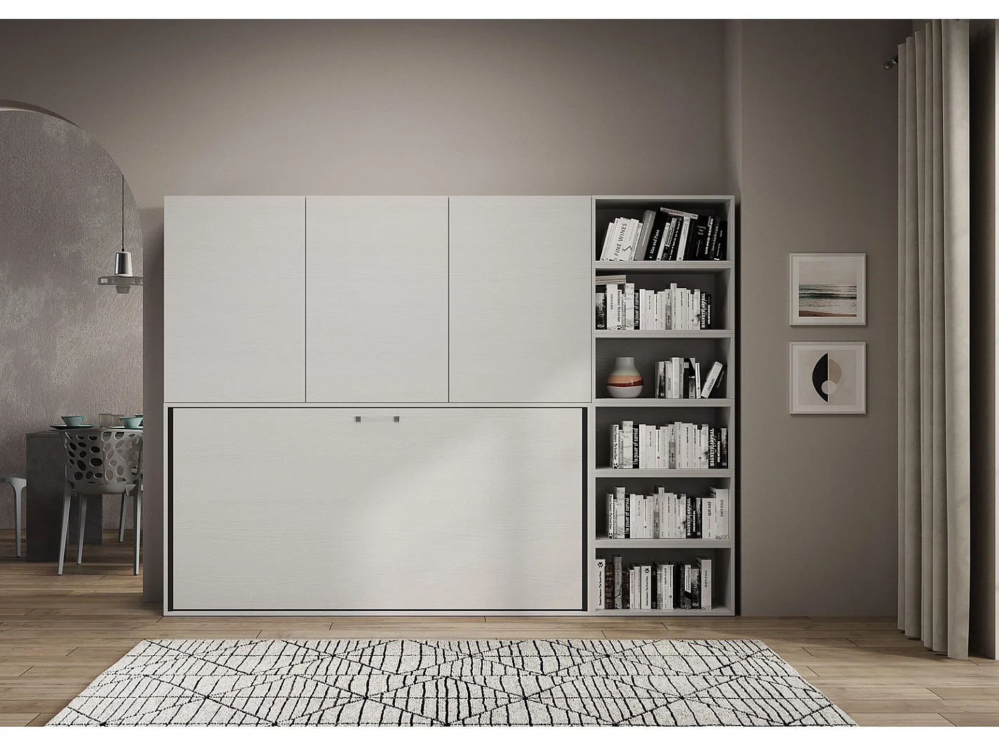 Lit escamotable horizontal blanc Bounto 85x185 avec rangement et bibliothèque composition G-1 matelas 85x185