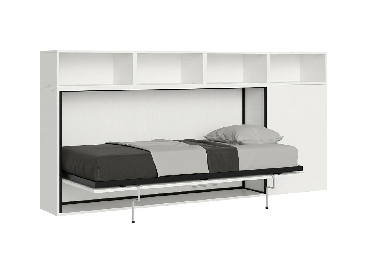 Lit escamotable horizontal blanc Bounto 85x185 avec rangement composition A-1 matelas 85x185