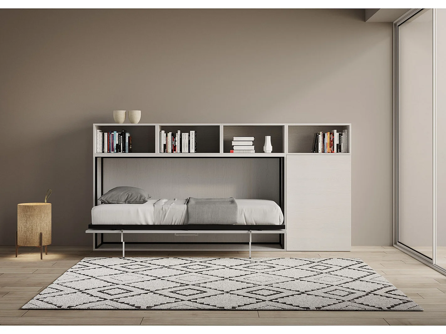 Lit escamotable horizontal blanc Bounto 85x185 avec rangement composition A-1 matelas 85x185