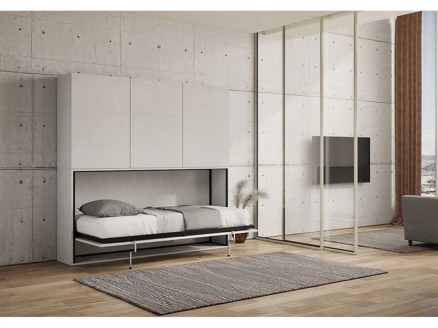 Lit escamotable horizontal blanc Bounto 85x185 avec rangement et bibliothèque composition D-