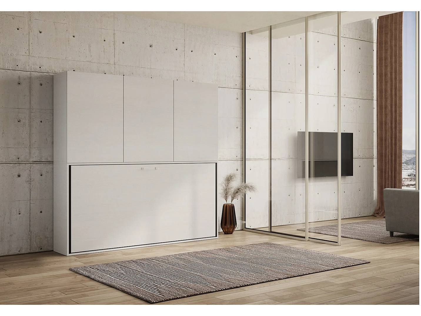 Lit escamotable horizontal blanc Bounto 85x185 avec rangement et bibliothèque composition D-