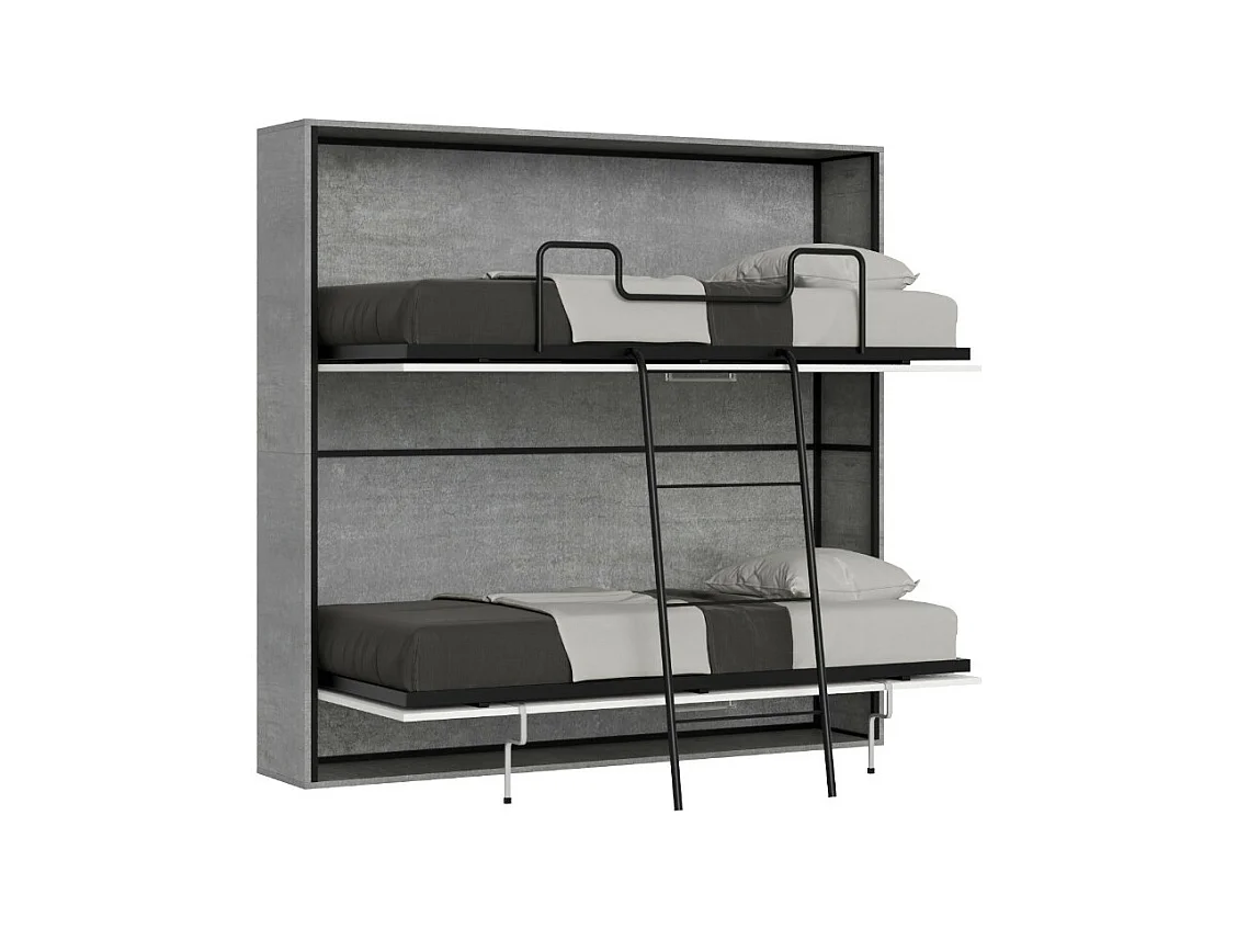 Lit escamotable superposé gris ciment horizontal 2 couchages 85x185 Bounto-2 matelas 85x185