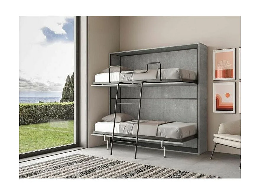 Lit escamotable superposé gris ciment horizontal 2 couchages 85x185 Bounto-2 matelas 85x185