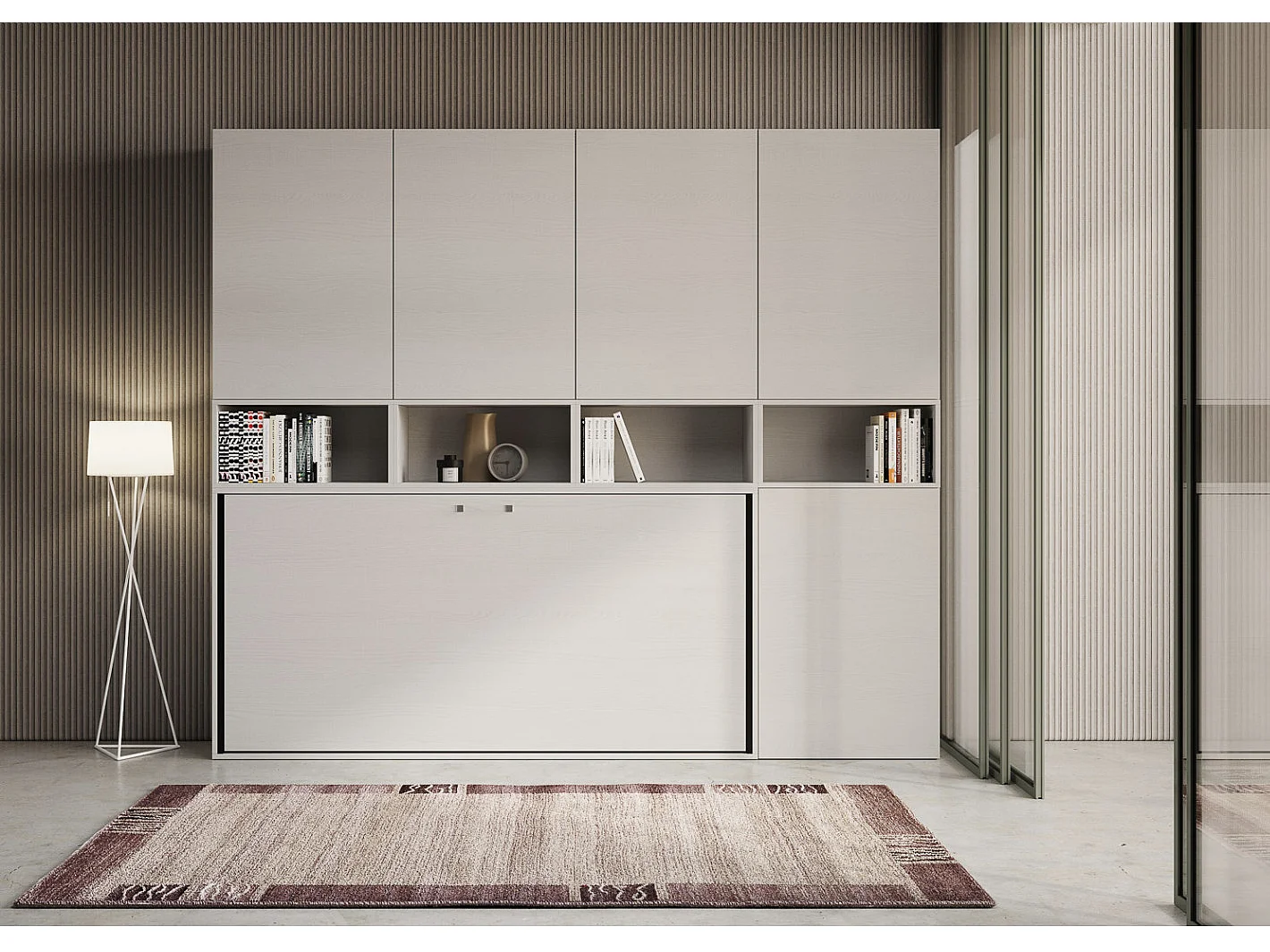 Lit escamotable horizontal blanc Bounto 85x185 avec rangement et bibliothèque composition C-1 matelas 85x185