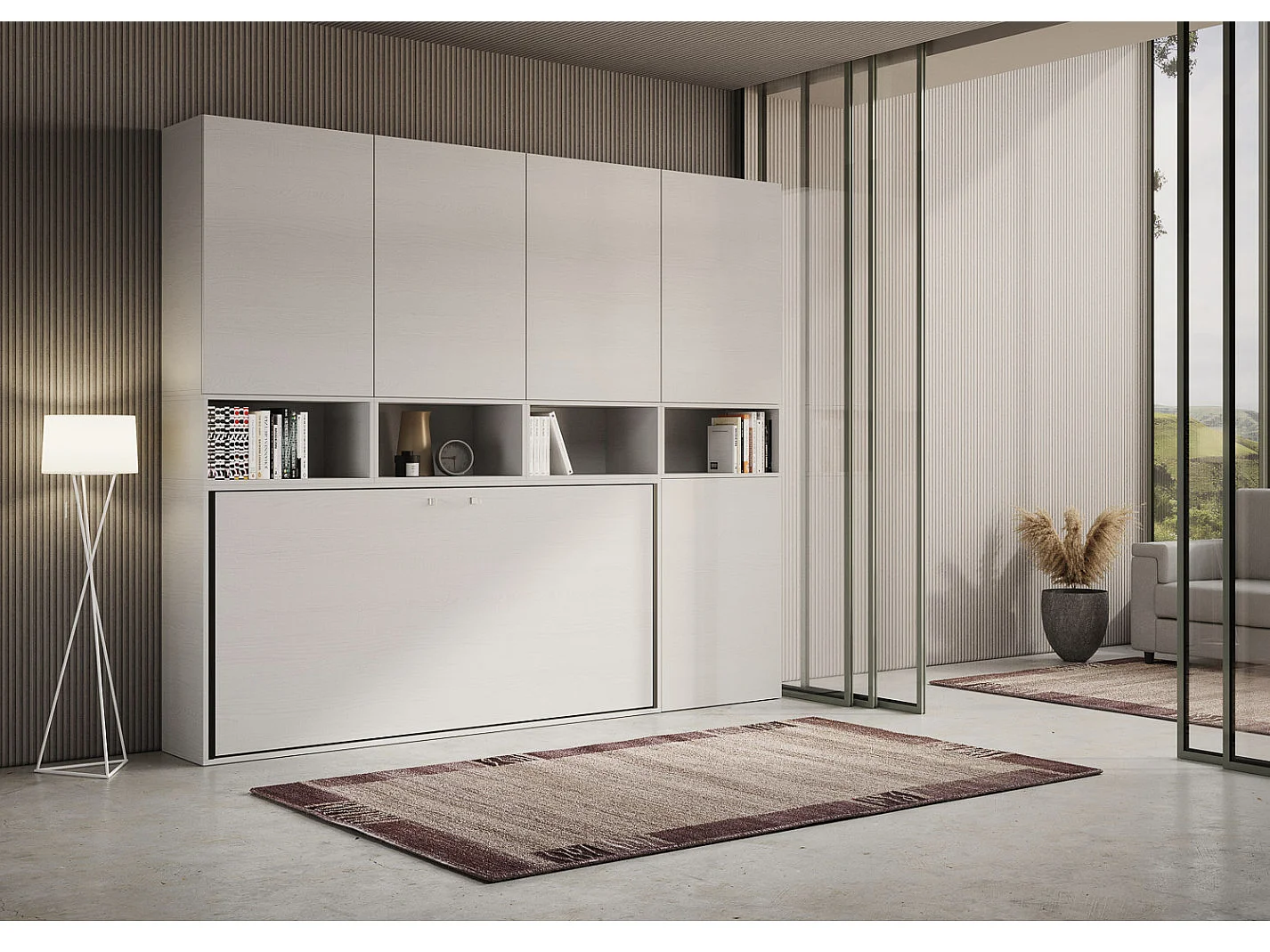 Lit escamotable horizontal blanc Bounto 85x185 avec rangement et bibliothèque composition C-1 matelas 85x185