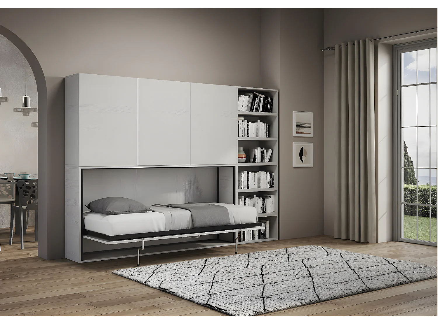 Lit escamotable horizontal blanc Bounto 85x185 avec rangement et bibliothèque composition G-