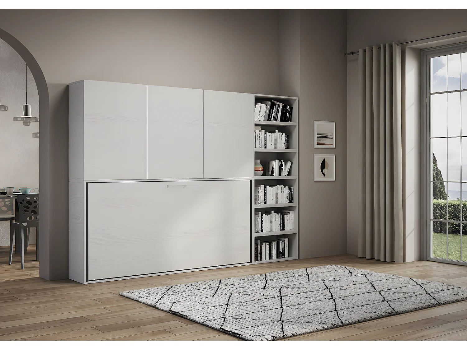 Lit escamotable horizontal blanc Bounto 85x185 avec rangement et bibliothèque composition G-