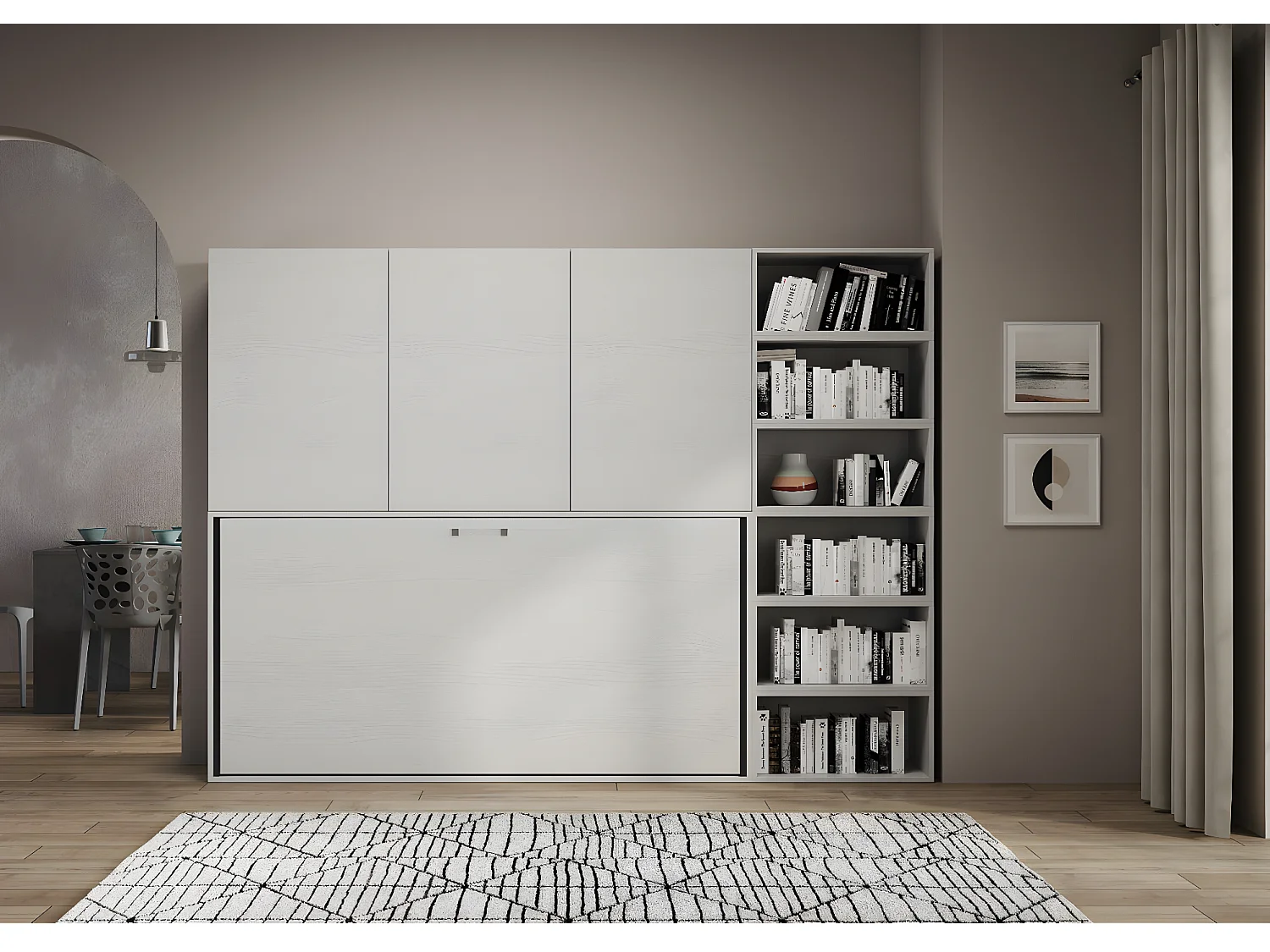 Lit escamotable horizontal blanc Bounto 85x185 avec rangement et bibliothèque composition G-