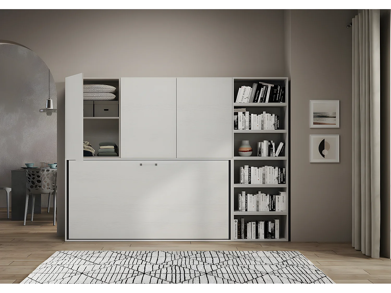 Bounto wit horizontaal opklapbed 85x185 cm met opberger en boekenkastsamenstelling G-Zonder matras