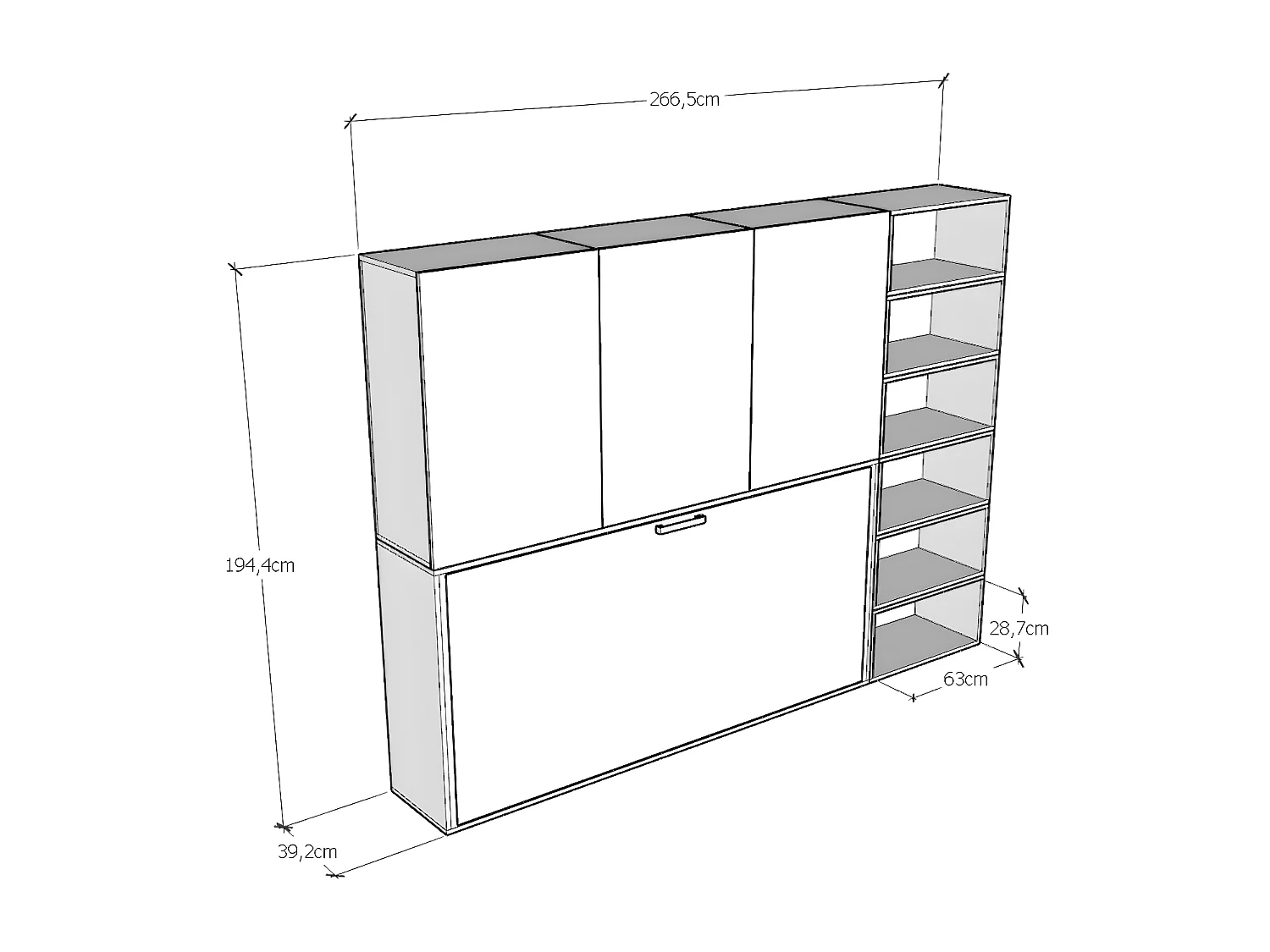 Bounto wit horizontaal opklapbed 85x185 cm met opberger en boekenkastsamenstelling G-Zonder matras