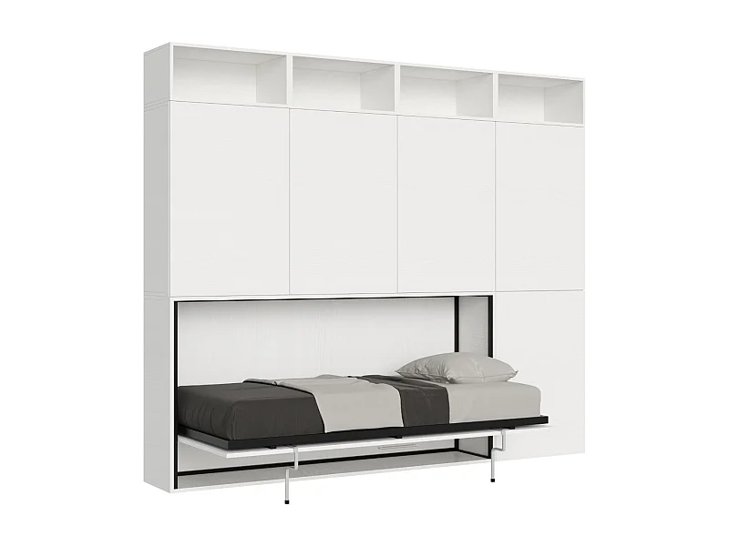Lit escamotable horizontal blanc Bounto 85x185 avec rangement et bibliothèque composition B-1 matelas 85x185