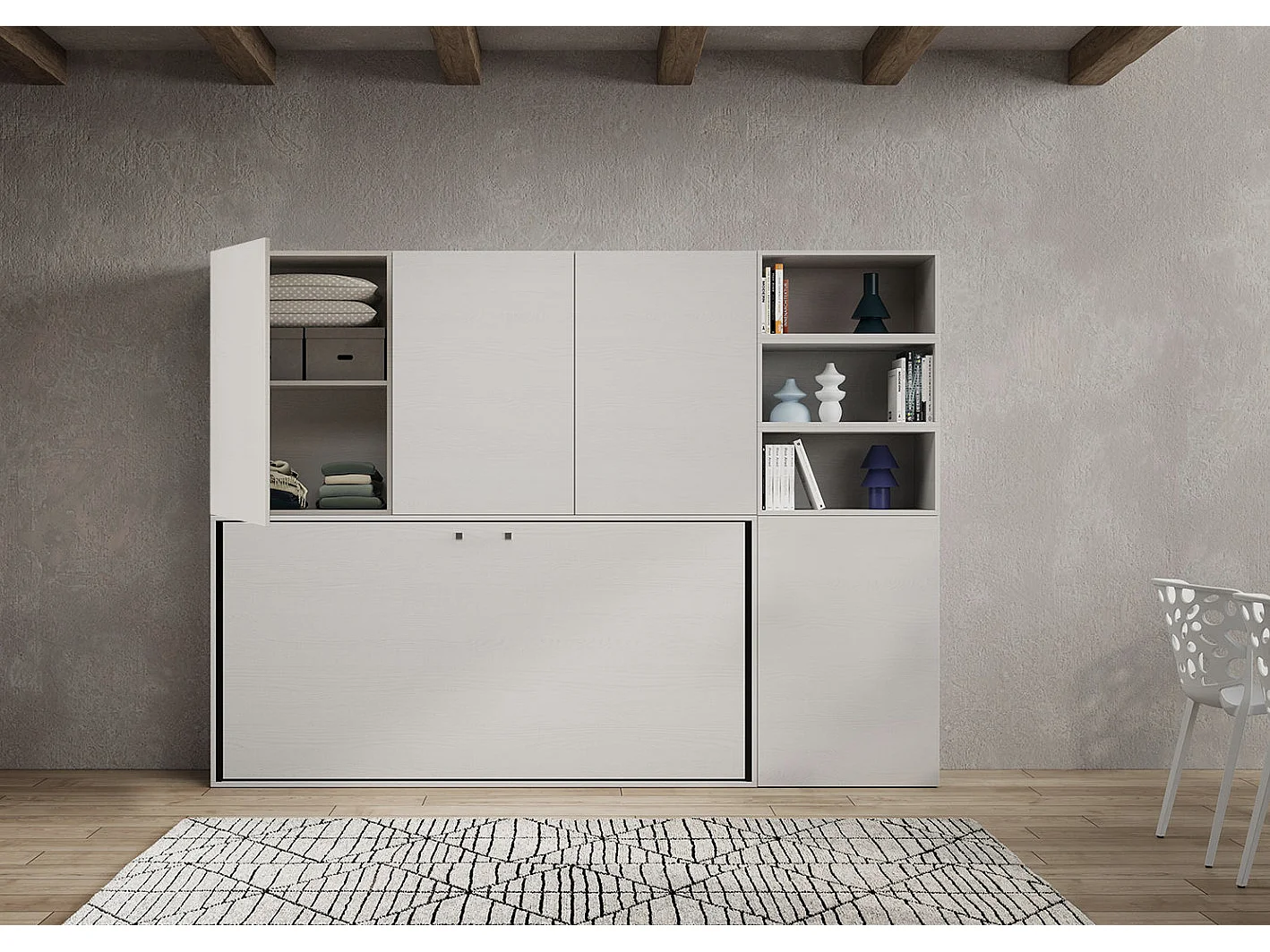 Lit escamotable horizontal blanc Bounto 85x185 avec rangement et bibliothèque composition F-