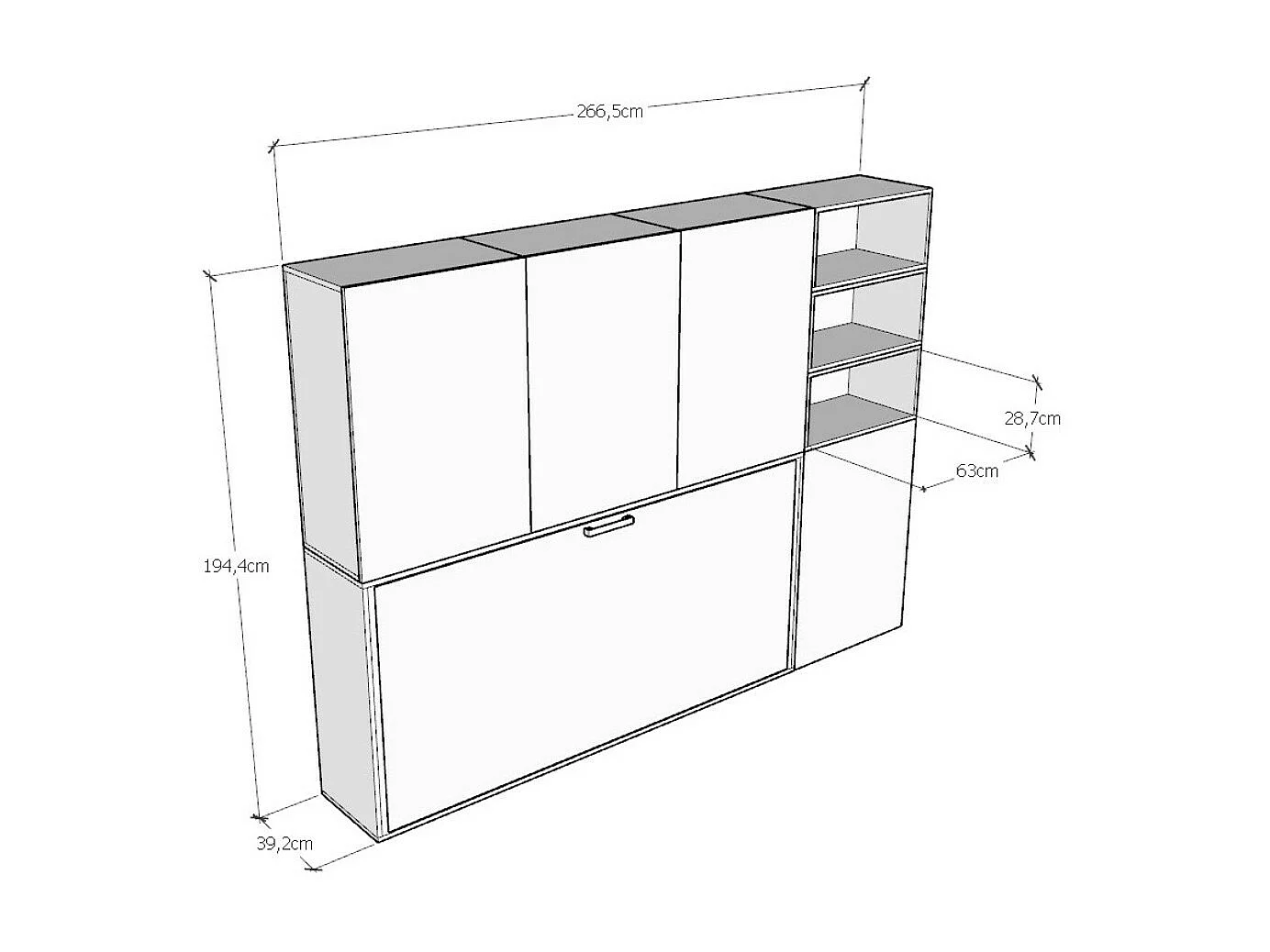 Lit escamotable horizontal blanc Bounto 85x185 avec rangement et bibliothèque composition F-