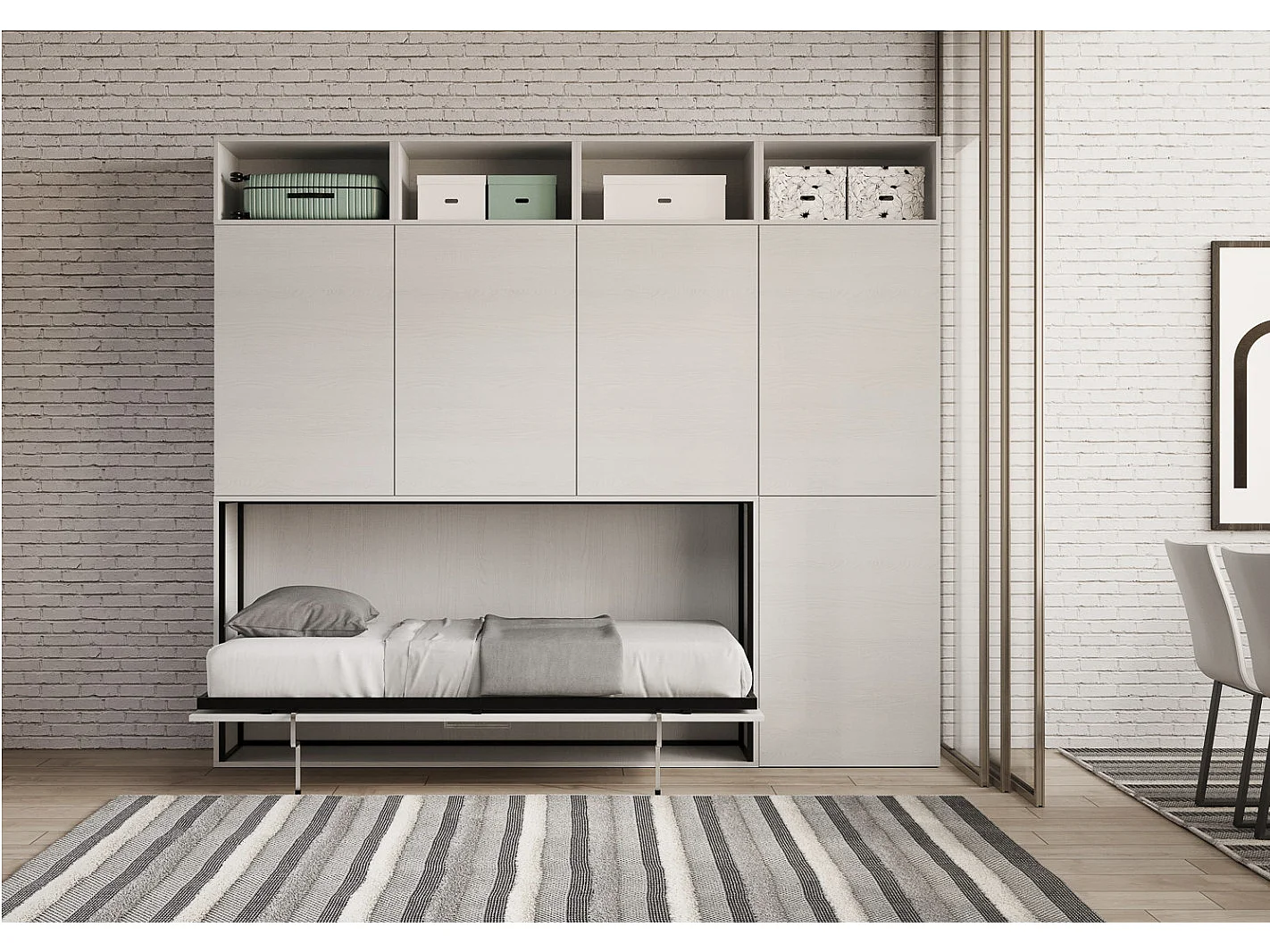 Lit escamotable horizontal blanc Bounto 85x185 avec rangement et bibliothèque composition B-