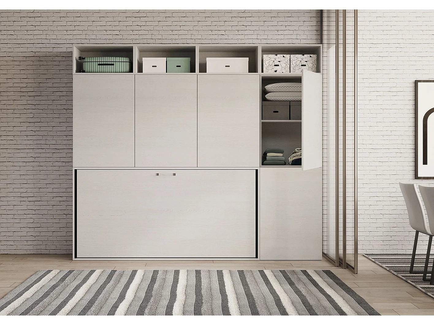 Lit escamotable horizontal blanc Bounto 85x185 avec rangement et bibliothèque composition B-