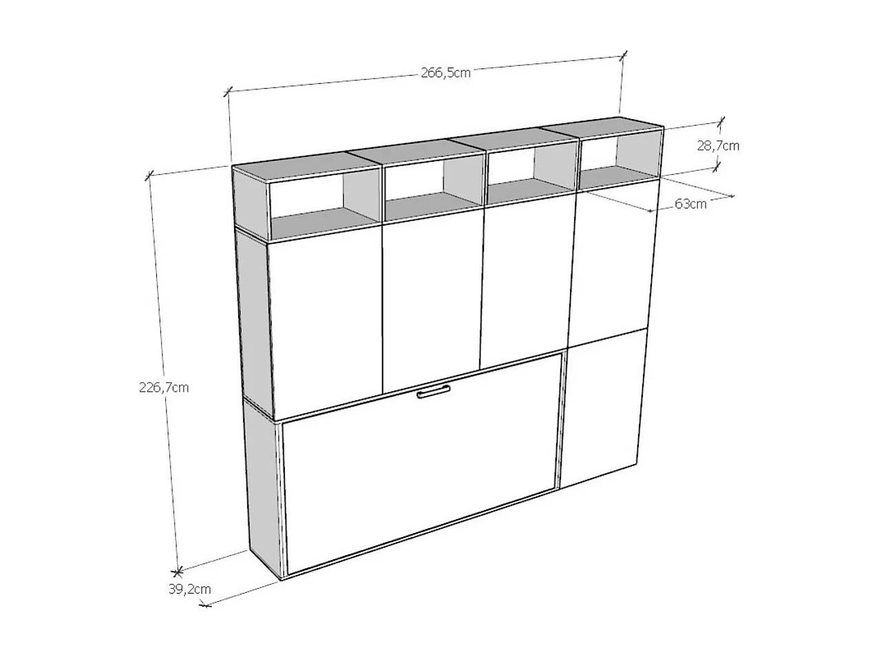 Lit escamotable horizontal blanc Bounto 85x185 avec rangement et bibliothèque composition B-